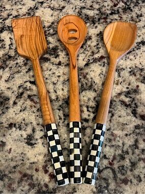 Mackenzie-Childs Courtly Check Olive Wood Utensils. Set of 3.  One w/ flaw.
